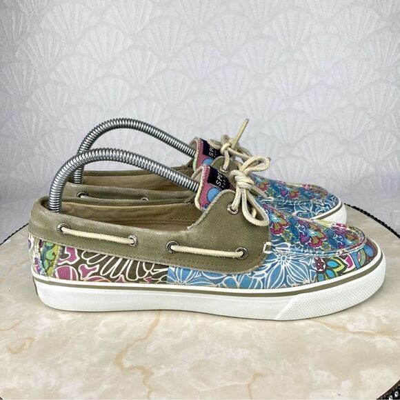 Sperry Shoes Women 8.5 Blue Purple Floral Print Bahama Casual Slipon Boat Loafer - Picture 1 of 10